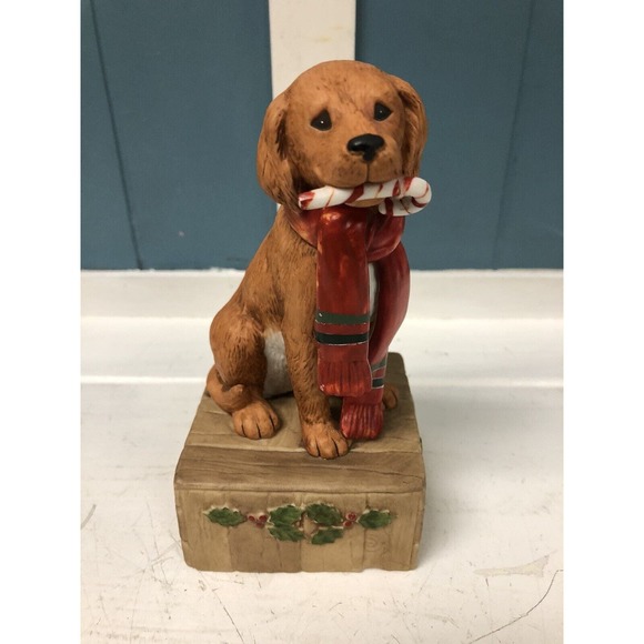 Vtg Gordon Fraser 1984 Ceramic Brown Dog w/ Candy Cane Scarf Christmas Musical - Picture 2 of 8